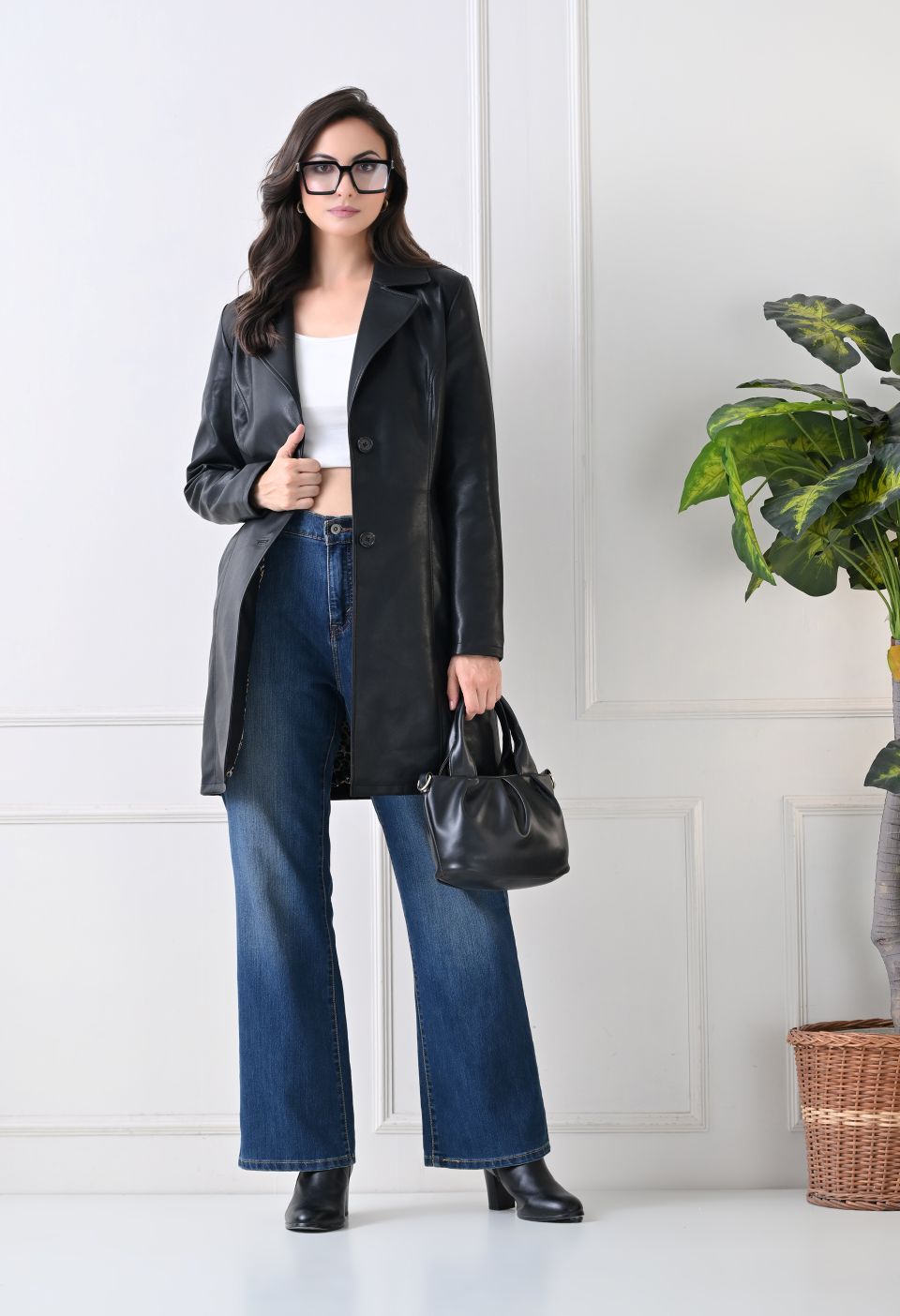 Single-Breasted Black Leather Overcoat For Women