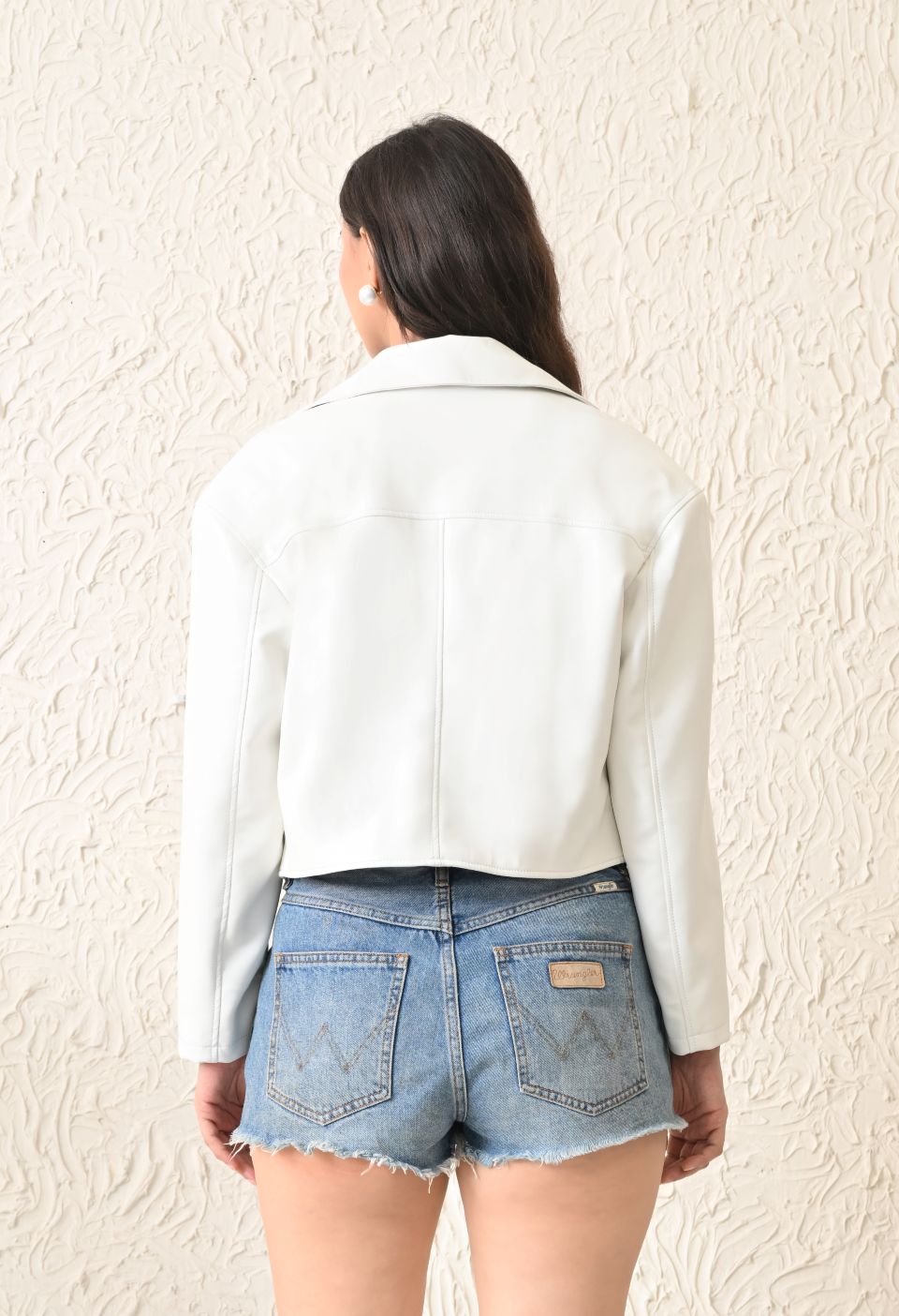 Washed Leather Water Resistant Crop Oversized Bomber White Jacket