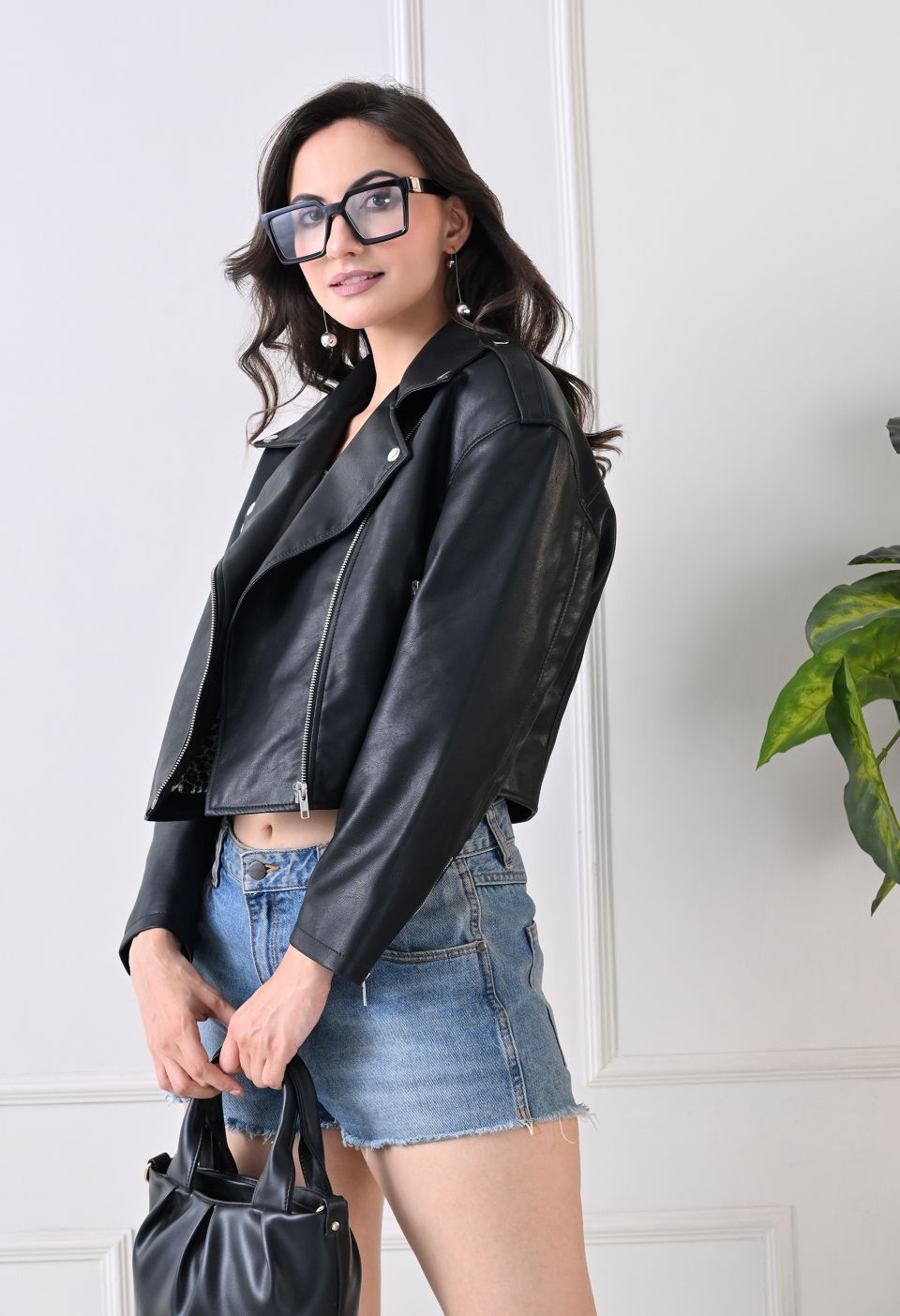 Washed Leather Water Resistant Crop Oversized Black Jacket