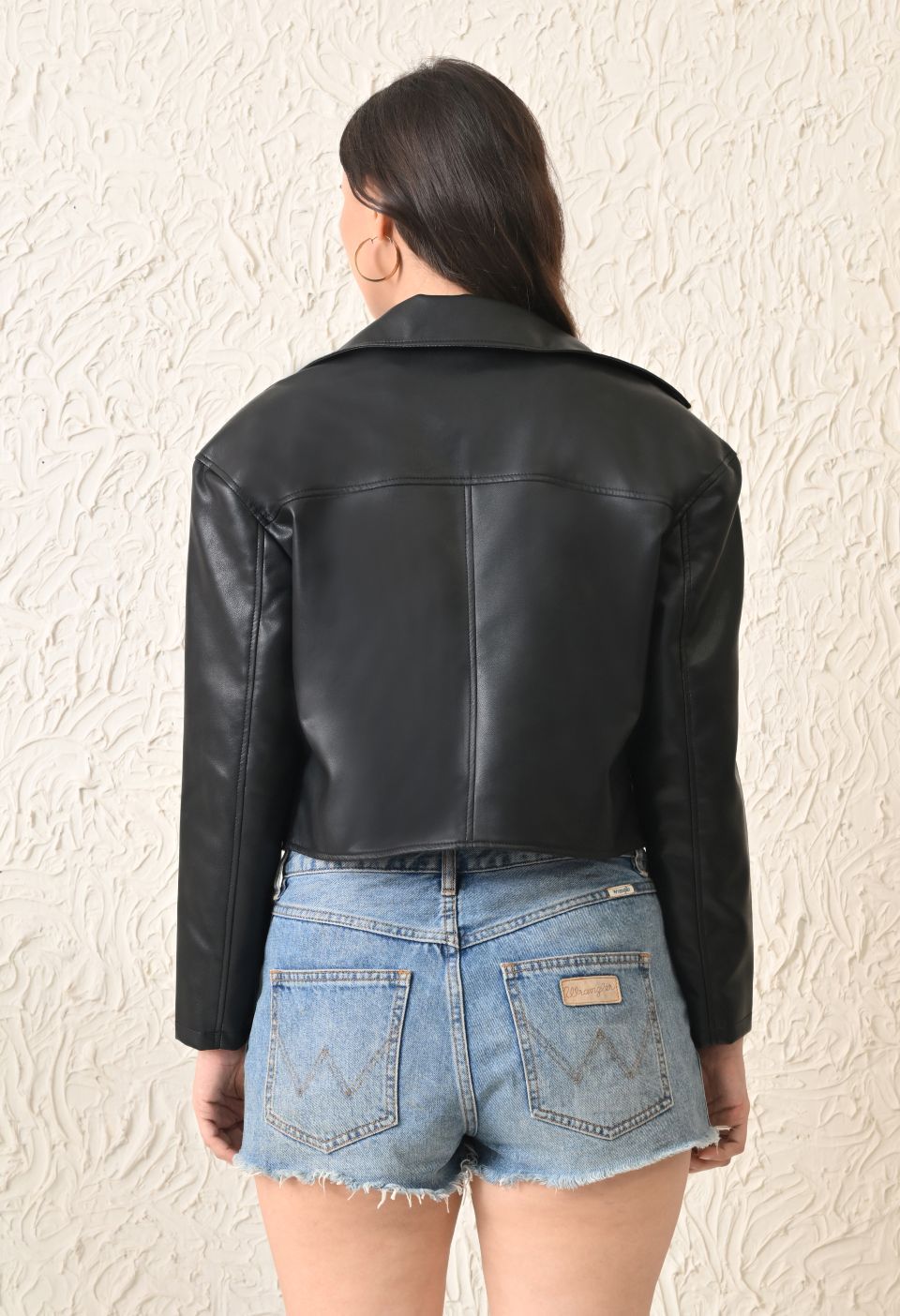 Washed Leather Water Resistant Crop Oversized Bomber Black Jacket