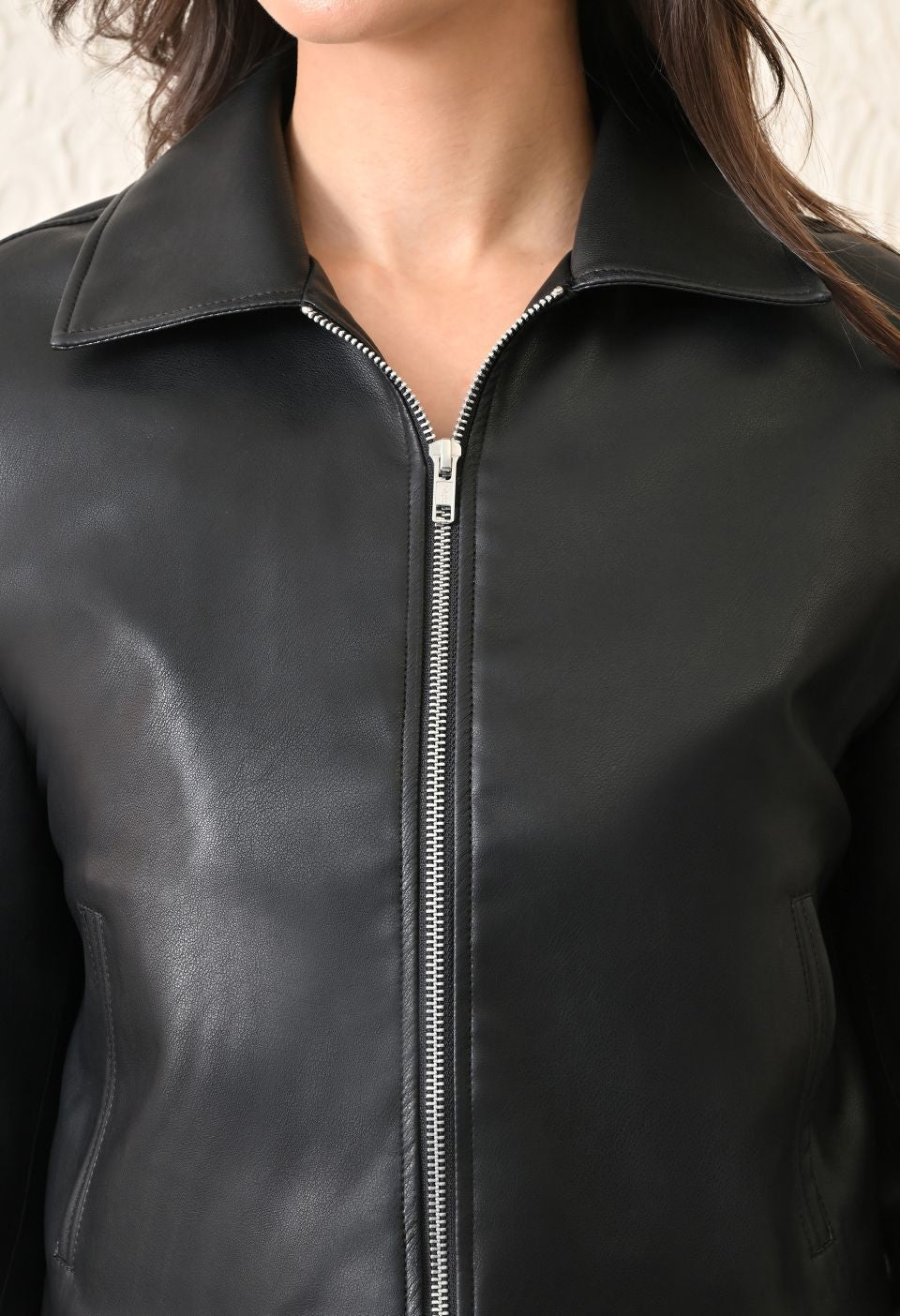 Washed Leather Water Resistant Crop Oversized Bomber Black Jacket