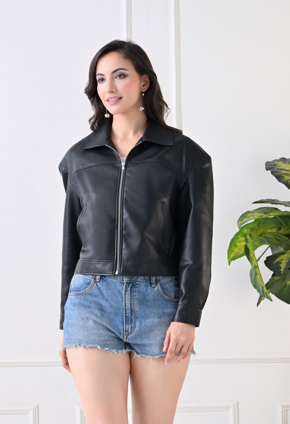 Washed Leather Water Resistant Crop Oversized Bomber Black Jacket