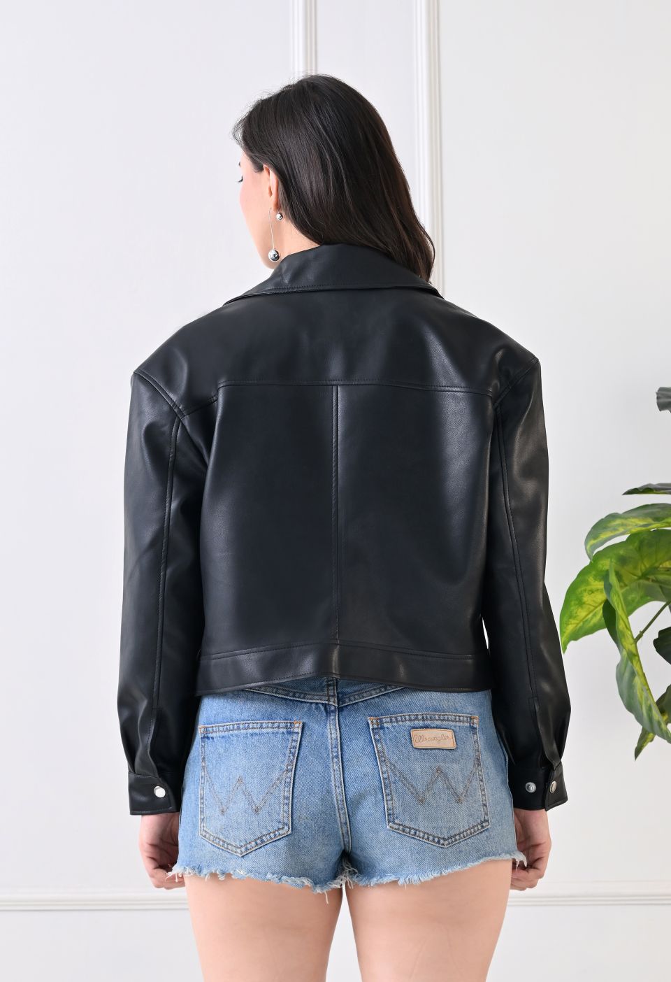 Washed Leather Water Resistant Crop Oversized Bomber Black Jacket