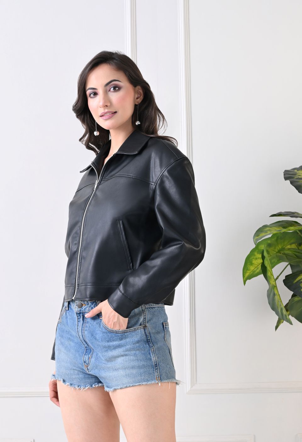 Washed Leather Water Resistant Crop Oversized Bomber Black Jacket
