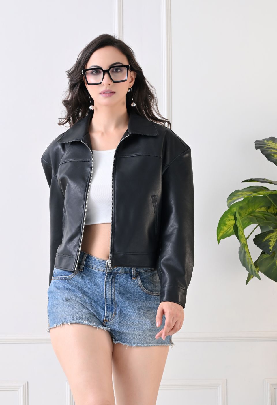Washed Leather Water Resistant Crop Oversized Bomber Black Jacket