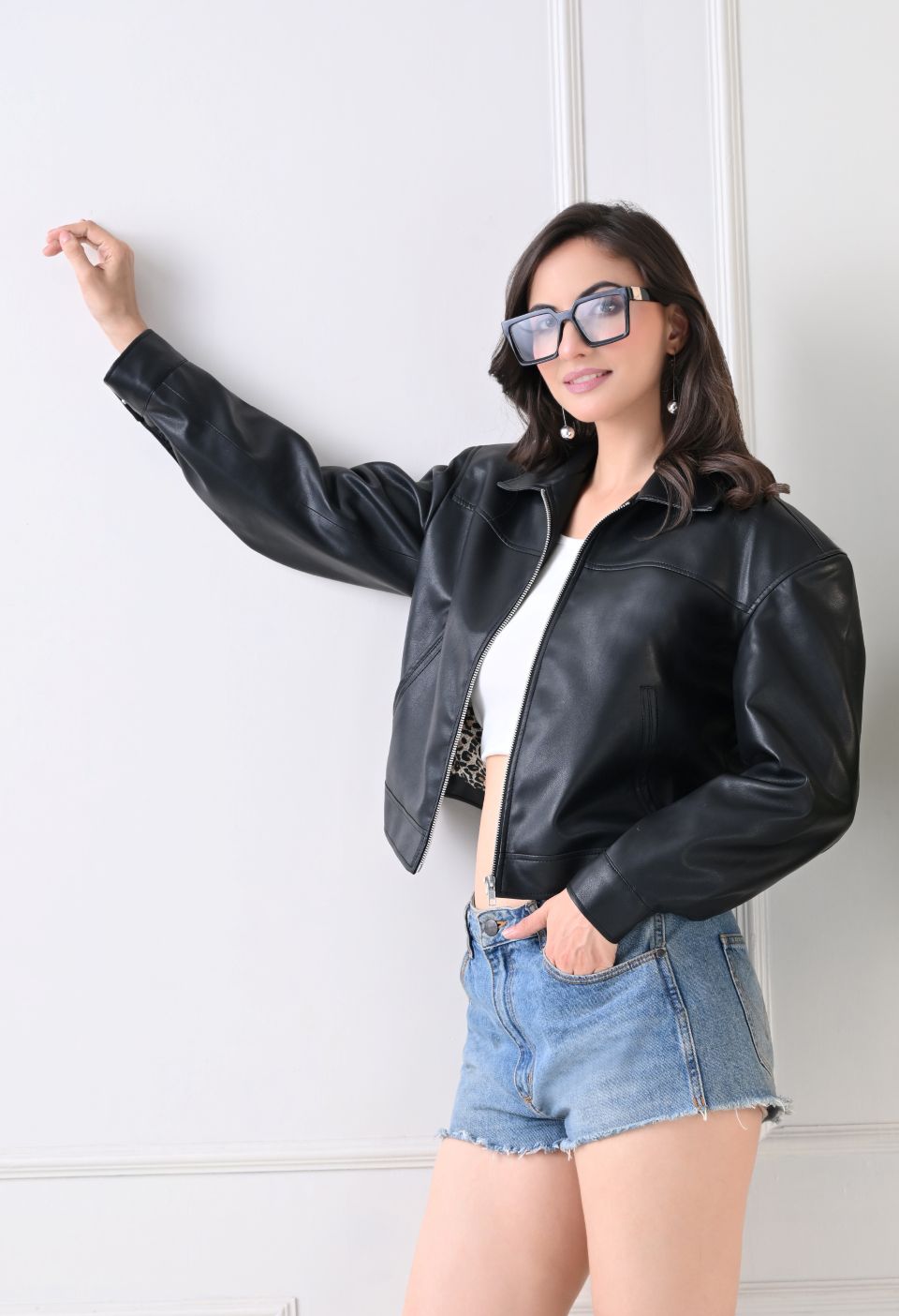Washed Leather Water Resistant Crop Oversized Bomber Black Jacket