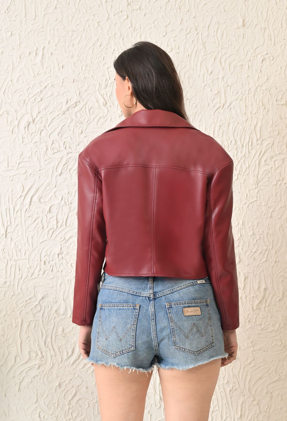 Washed Leather Water Resistant Crop Oversized Bomber Maroon Jacket