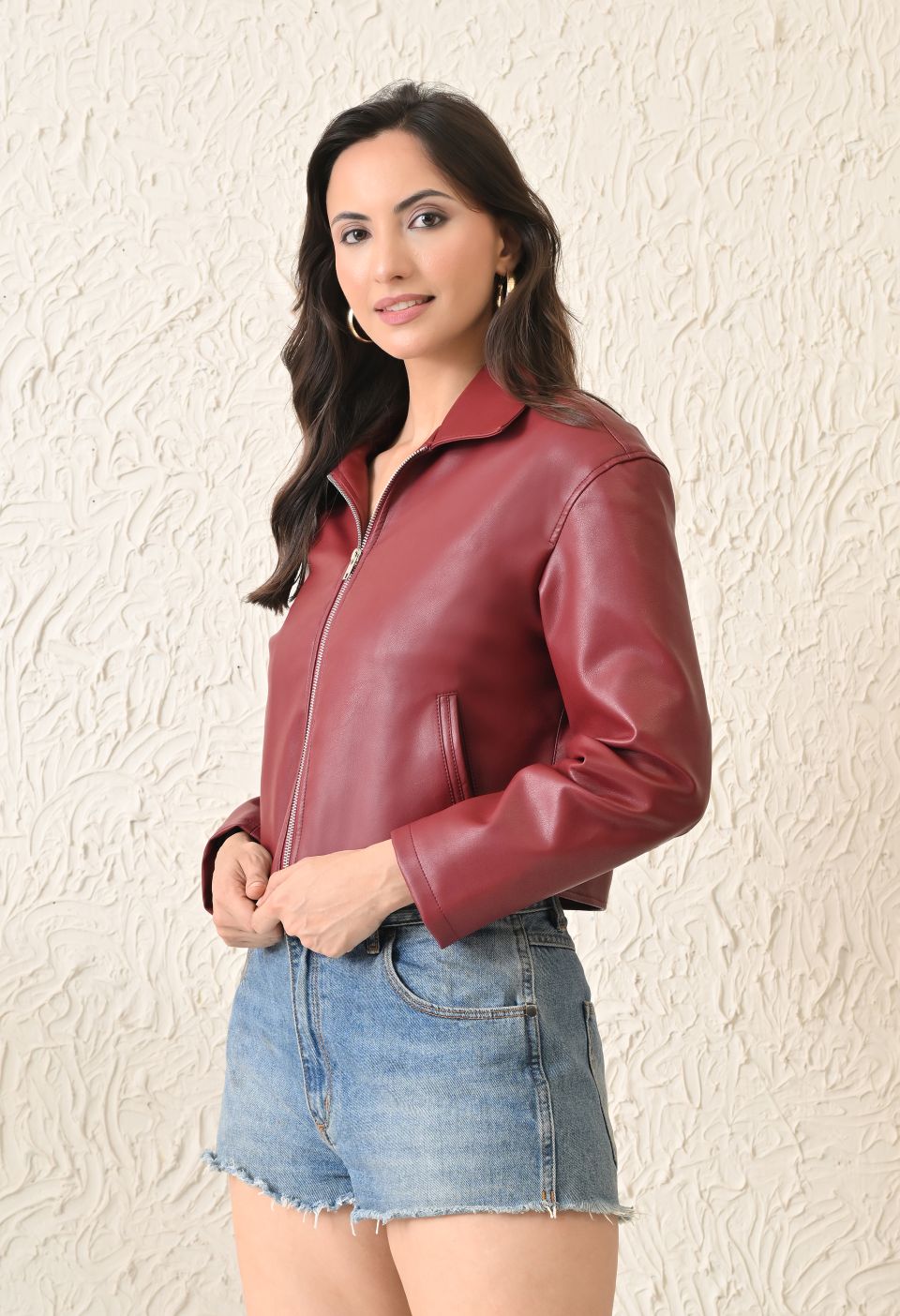 Washed Leather Water Resistant Crop Oversized Bomber Maroon Jacket