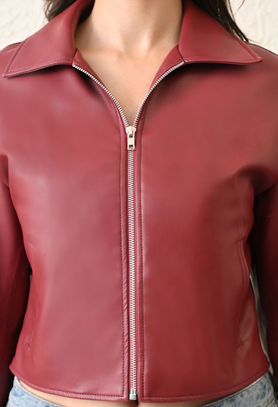 Washed Leather Water Resistant Crop Oversized Bomber Maroon Jacket