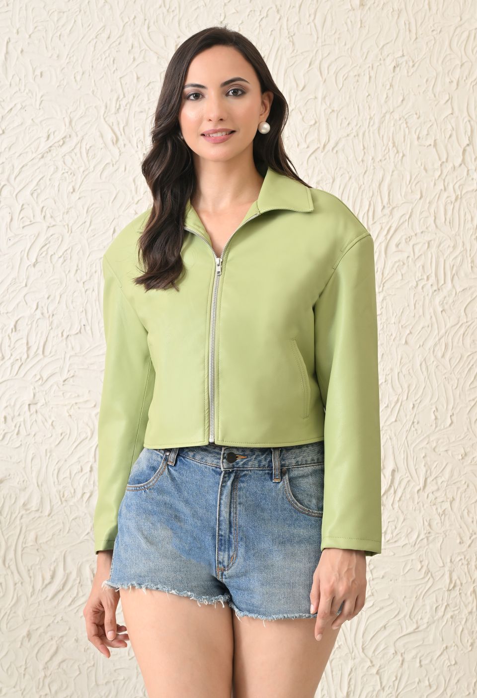 Washed Leather Water Resistant Crop Oversized Bomber Neon Green Jacket