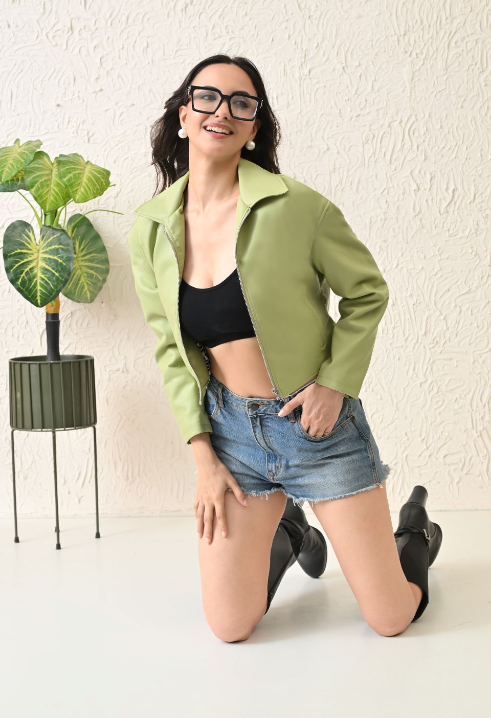 Washed Leather Water Resistant Crop Oversized Bomber Neon Green Jacket
