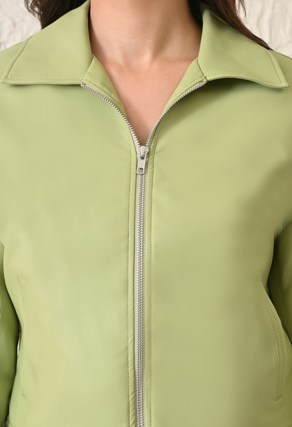 Washed Leather Water Resistant Crop Oversized Bomber Neon Green Jacket