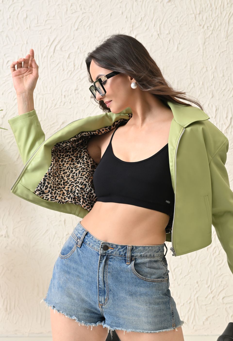 Washed Leather Water Resistant Crop Oversized Bomber Neon Green Jacket