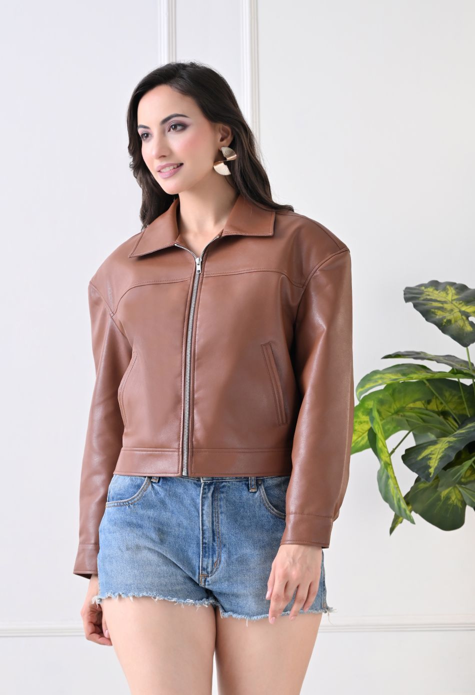 Washed Leather Water Resistant Crop Oversized Bomber Tan Jacket
