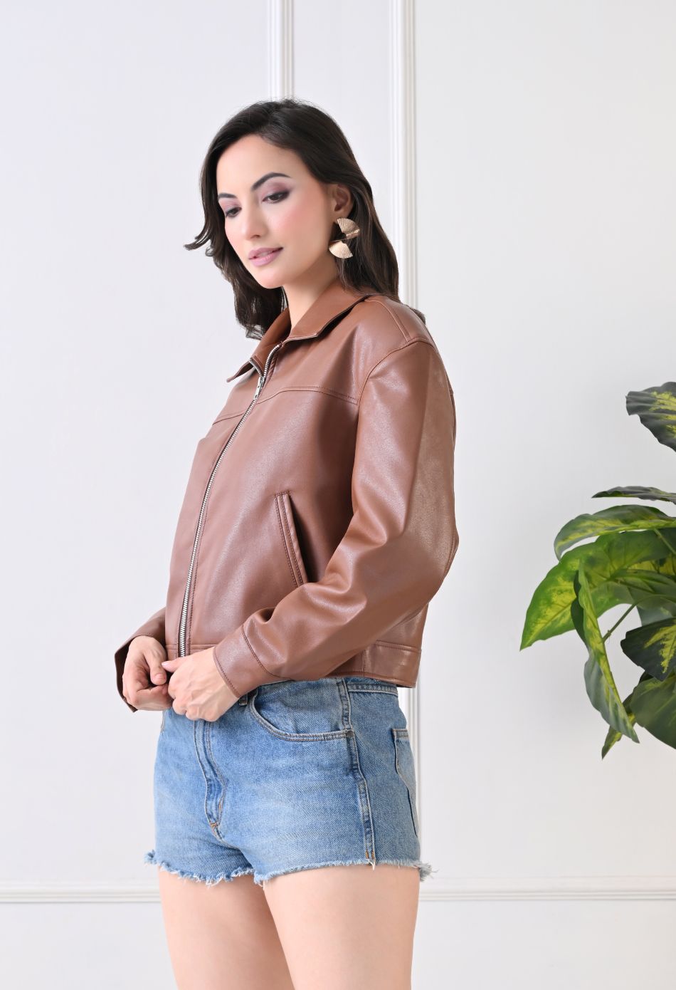 Washed Leather Water Resistant Crop Oversized Bomber Tan Jacket