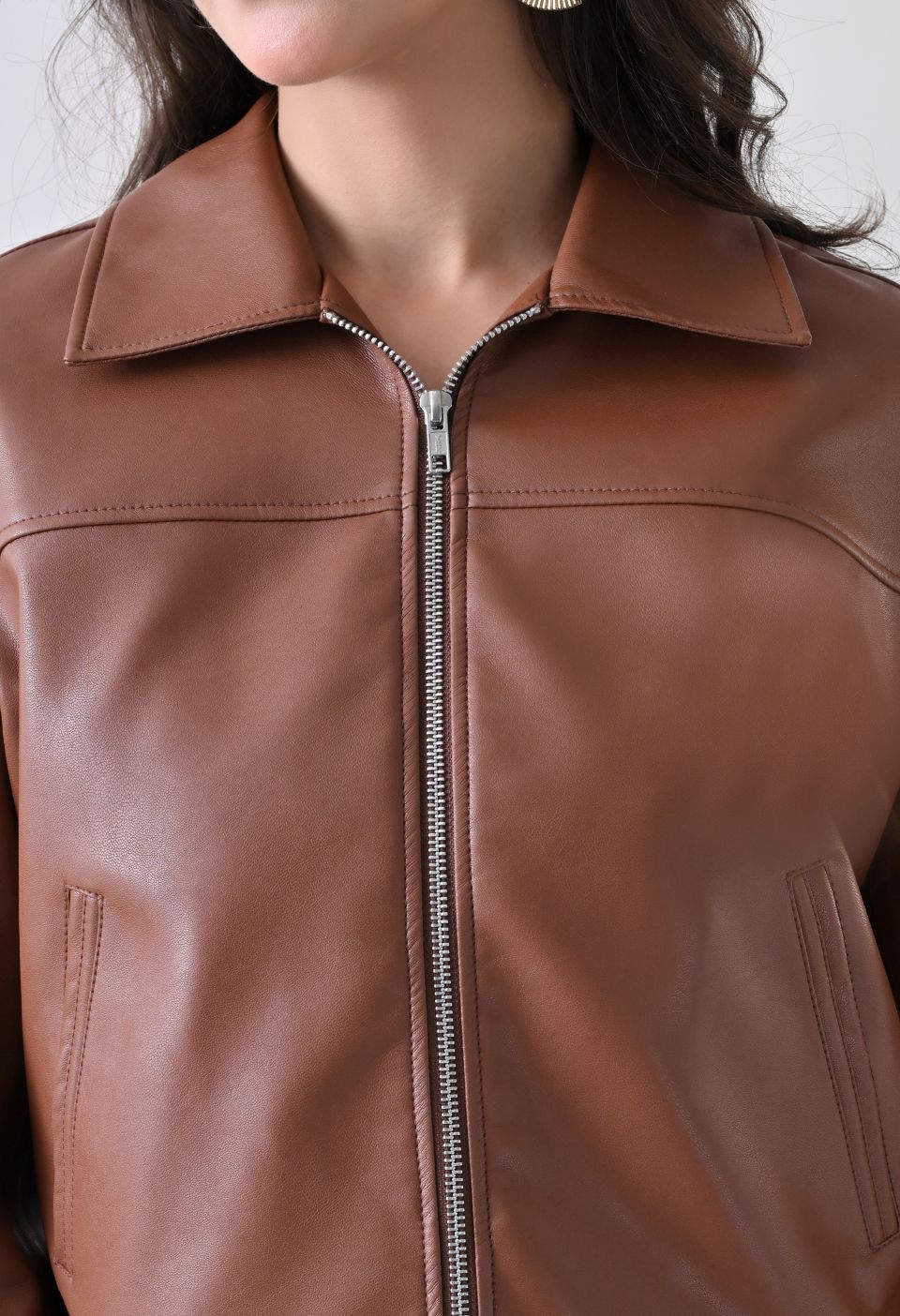 Washed Leather Water Resistant Crop Oversized Bomber Tan Jacket