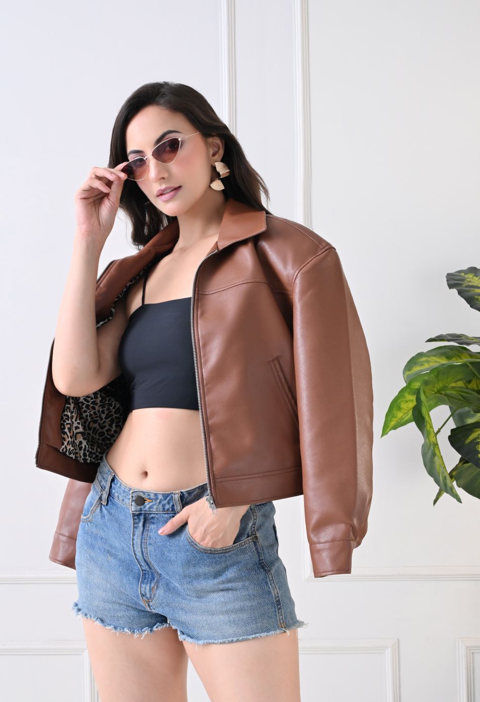 Washed Leather Water Resistant Crop Oversized Bomber Tan Jacket
