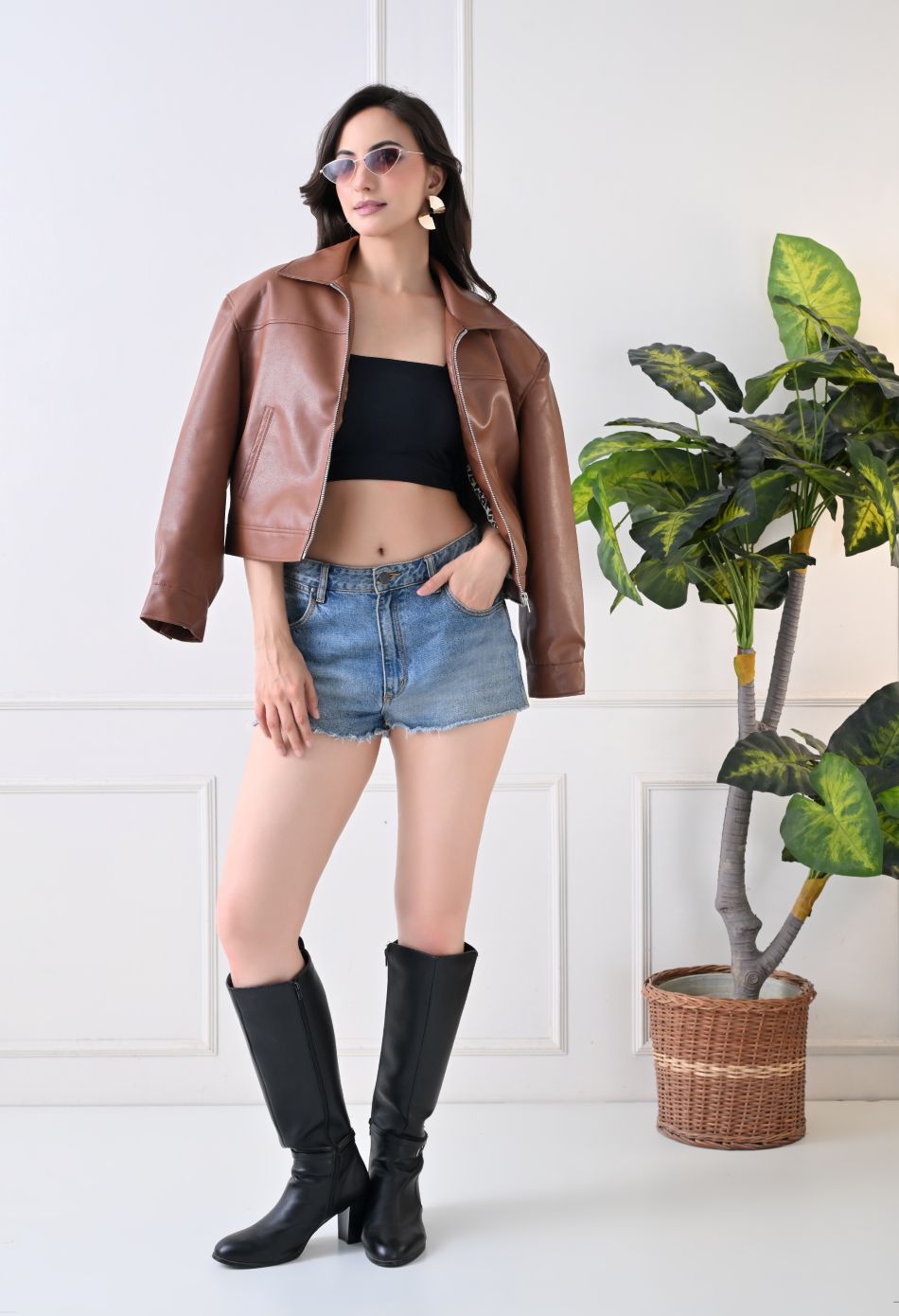 Washed Leather Water Resistant Crop Oversized Bomber Tan Jacket