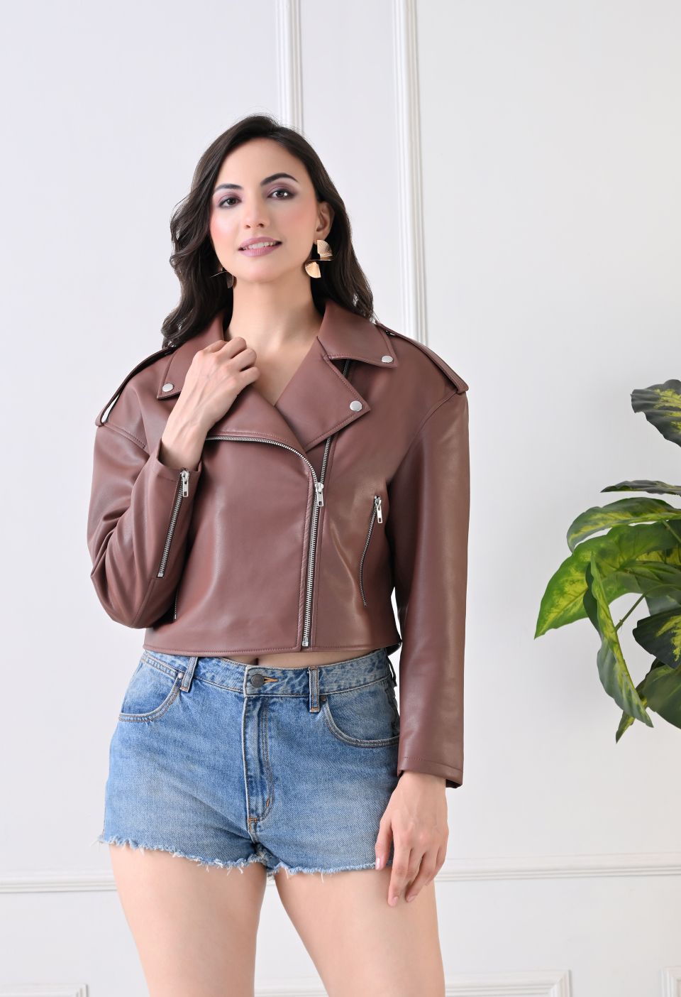 Washed Leather Water Resistant Crop Oversized Tan Jacket