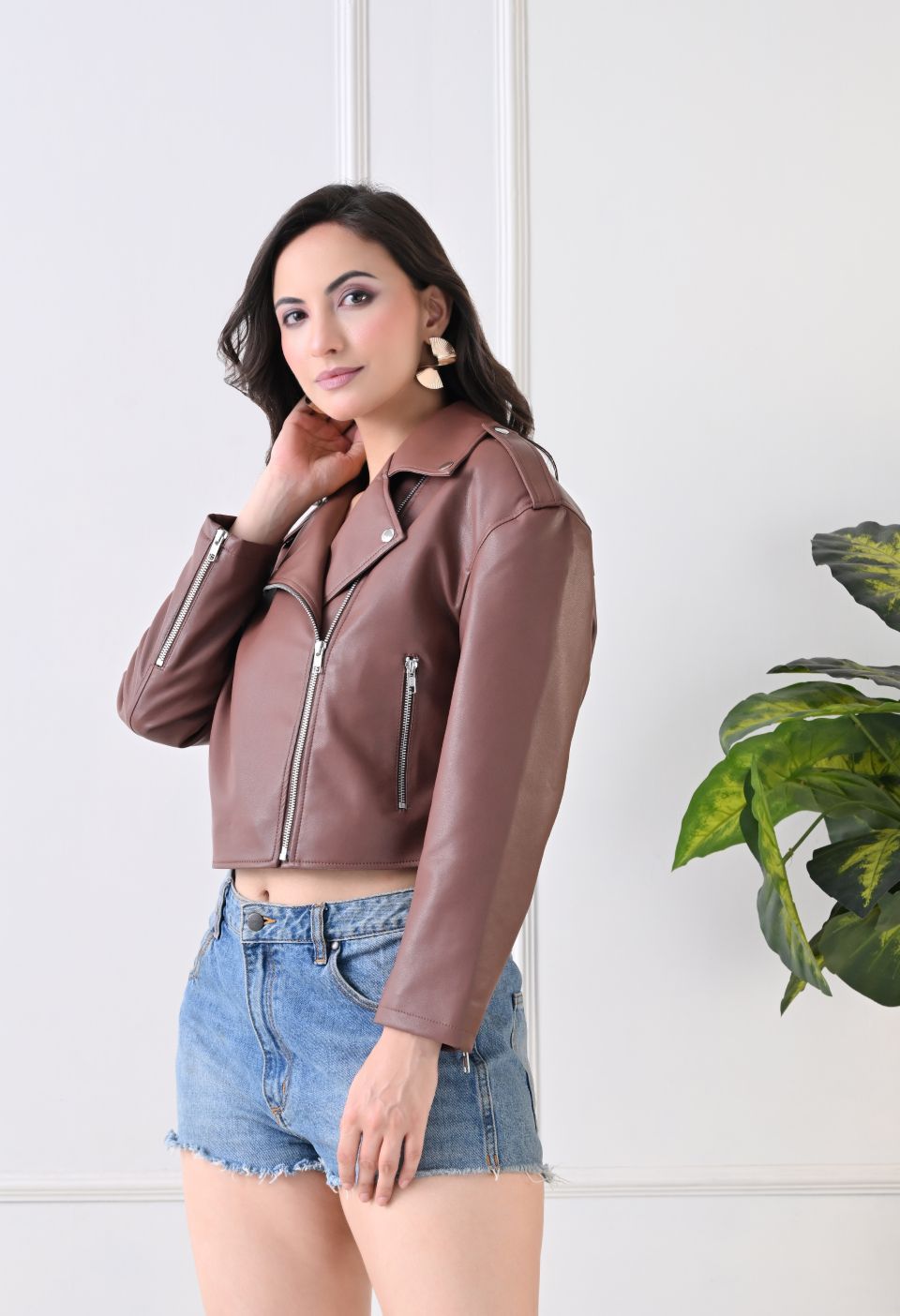 Washed Leather Water Resistant Crop Oversized Tan Jacket