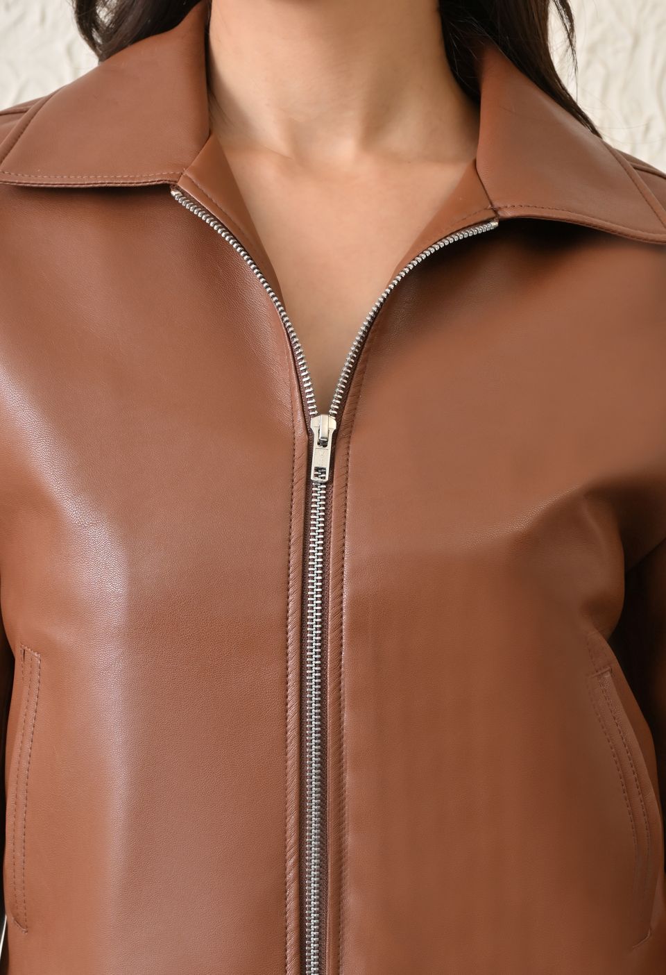 Washed Leather Water Resistant Crop Oversized Bomber Tan Jacket