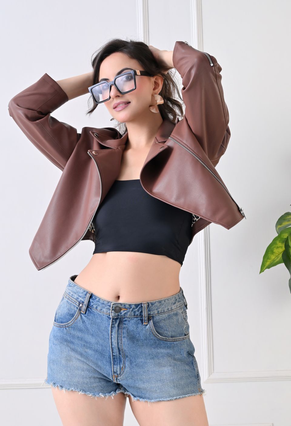 Washed Leather Water Resistant Crop Oversized Tan Jacket