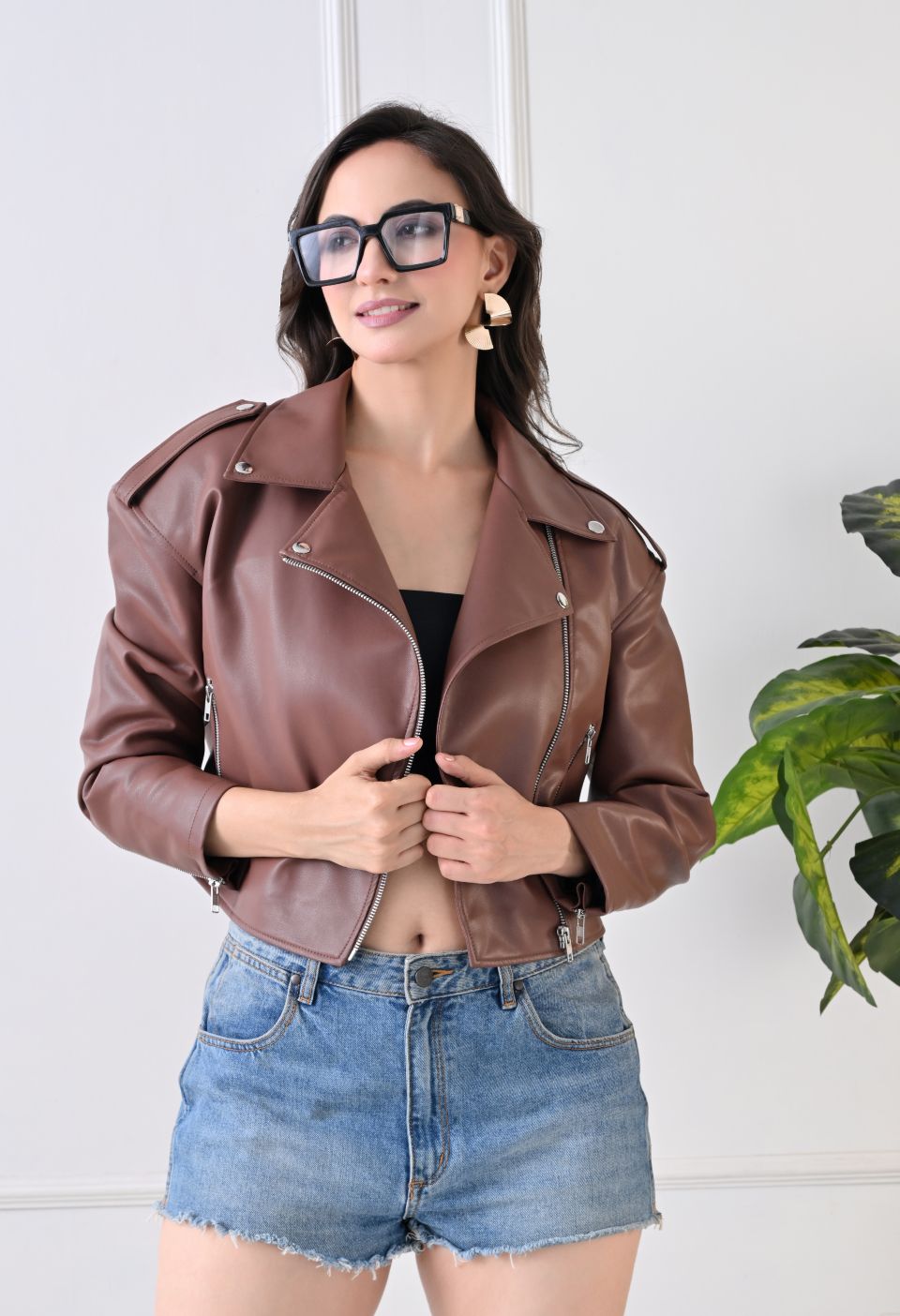 Washed Leather Water Resistant Crop Oversized Tan Jacket