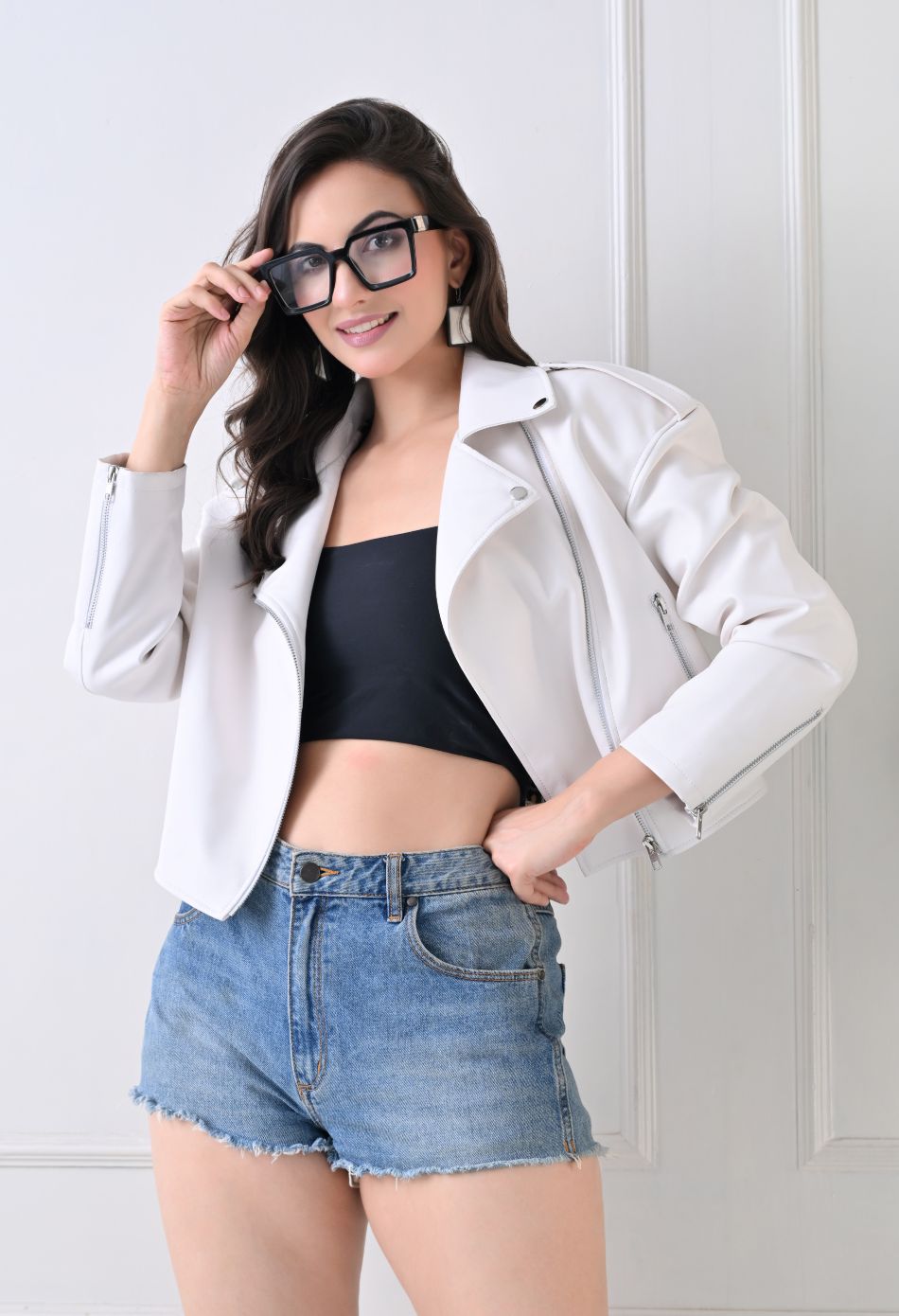 Washed Leather Water Resistant Crop Oversized White Jacket