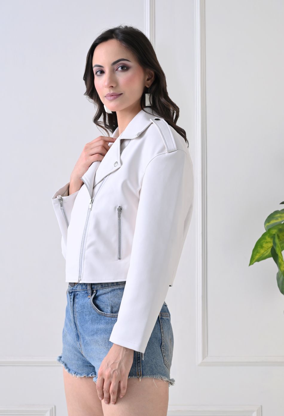 Washed Leather Water Resistant Crop Oversized White Jacket