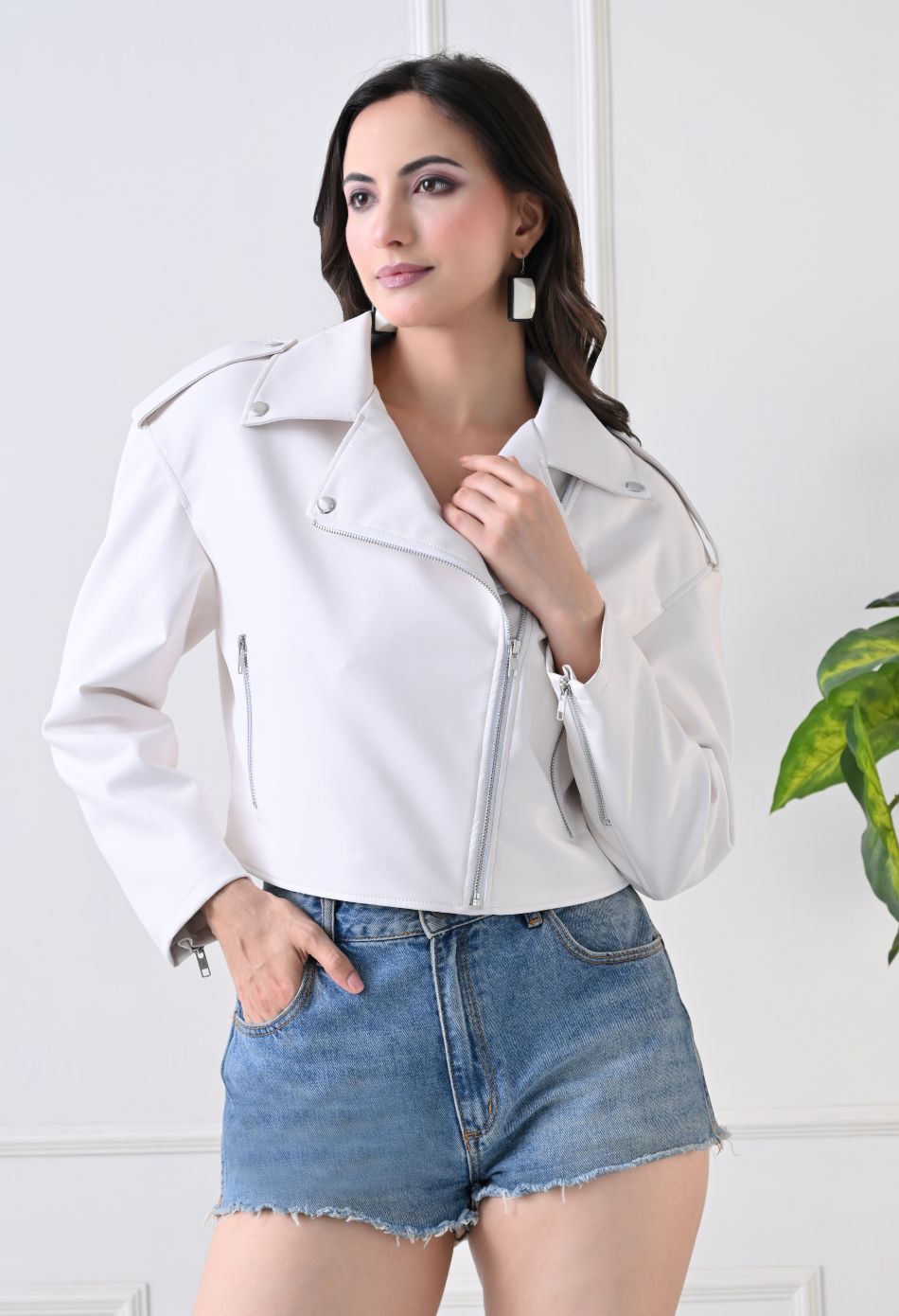 Washed Leather Water Resistant Crop Oversized White Jacket