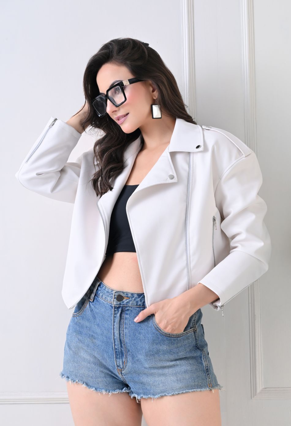 Washed Leather Water Resistant Crop Oversized White Jacket