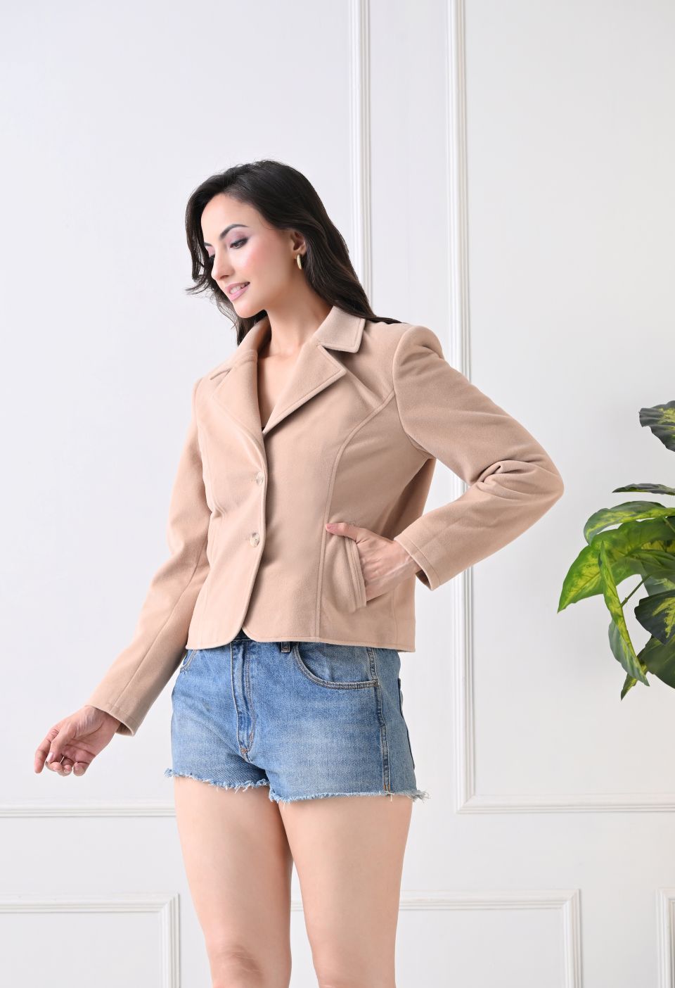 Washed Suede Crop Oversized Bomber Beige Tailored Jacket