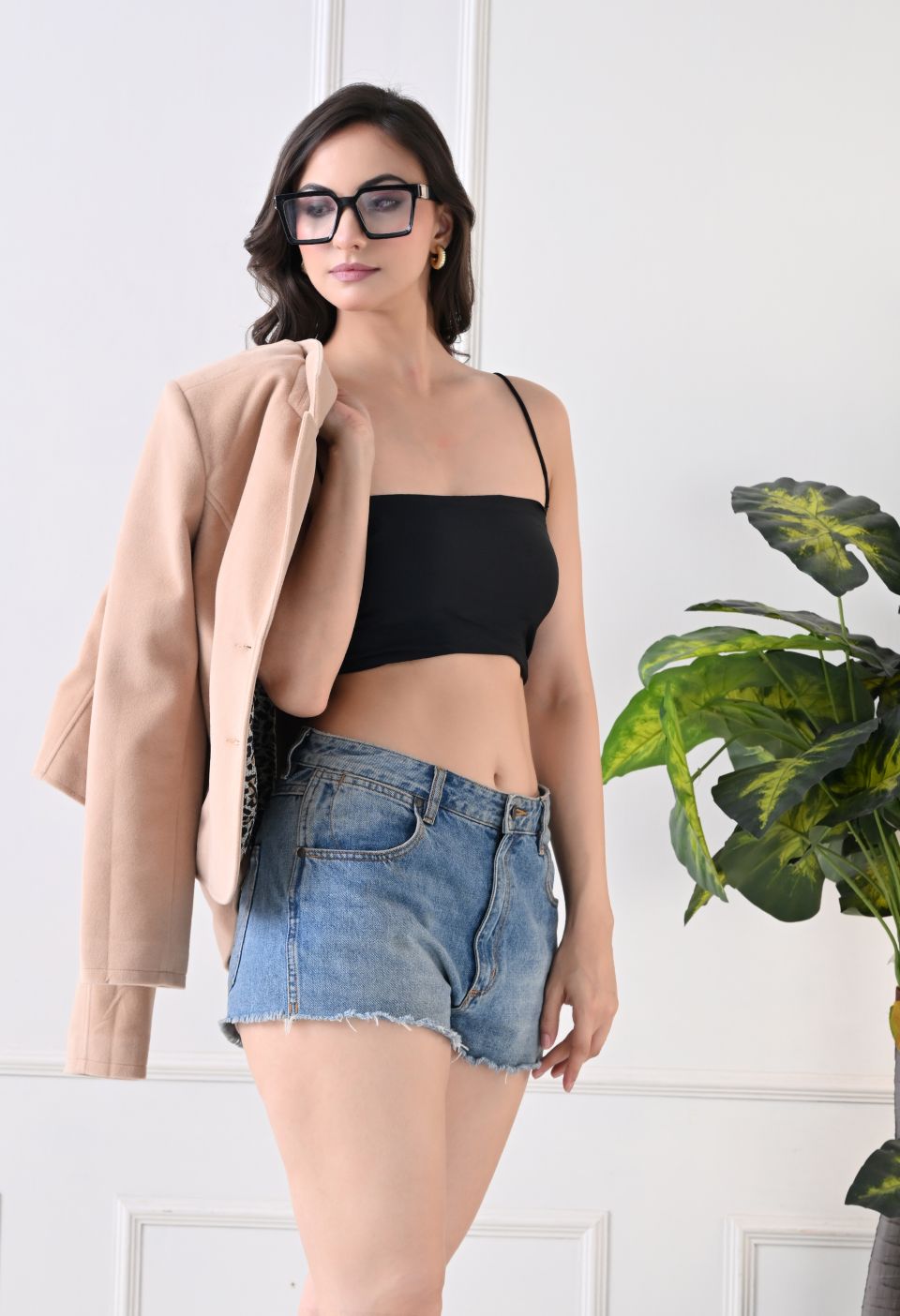 Washed Suede Crop Oversized Bomber Beige Tailored Jacket