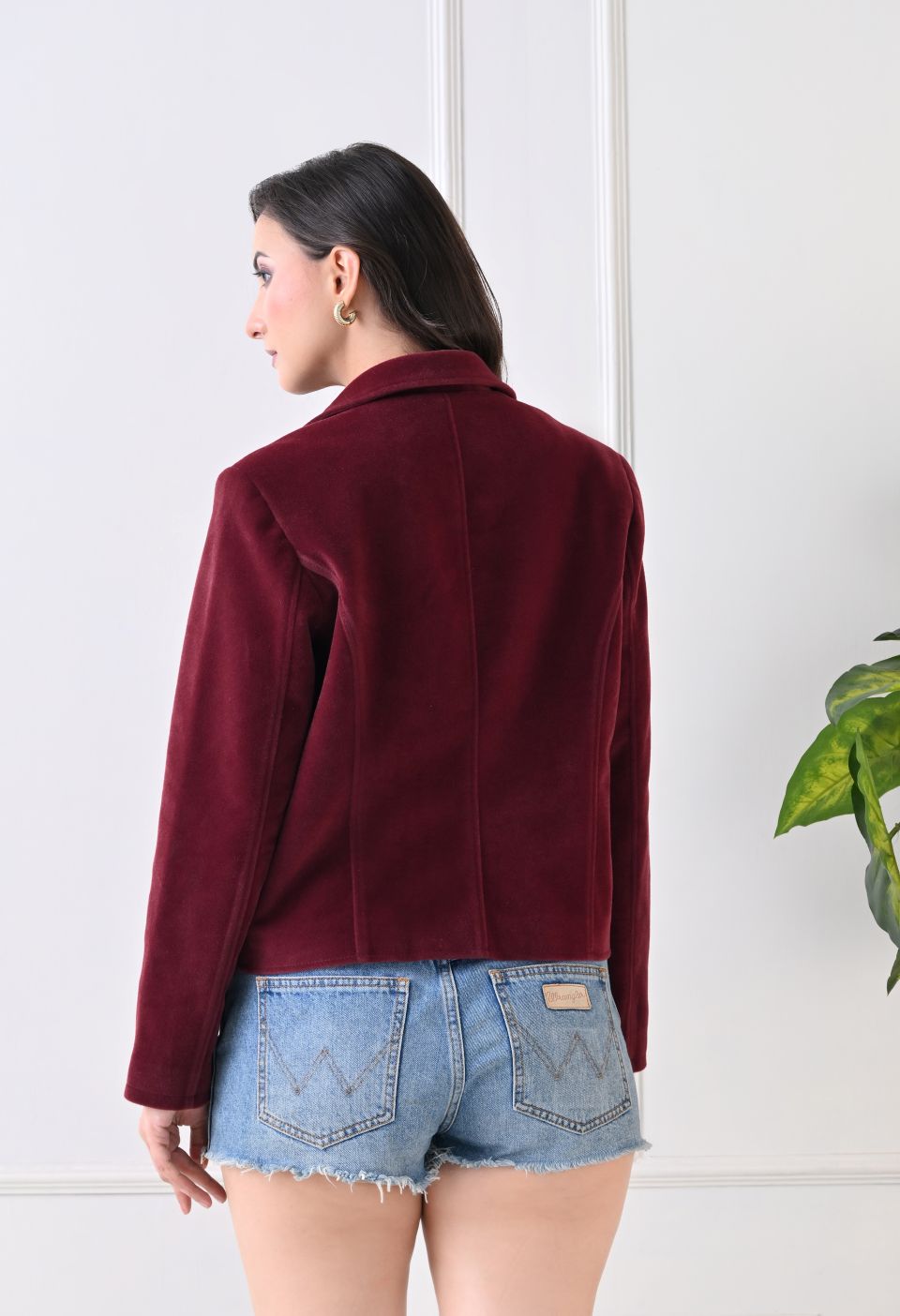 Washed Suede Crop Oversized Bomber Maroon Tailored Jacket