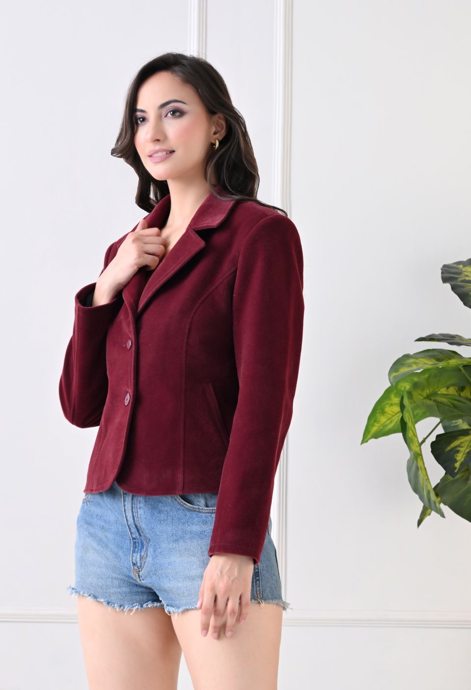 Washed Suede Crop Oversized Bomber Maroon Tailored Jacket