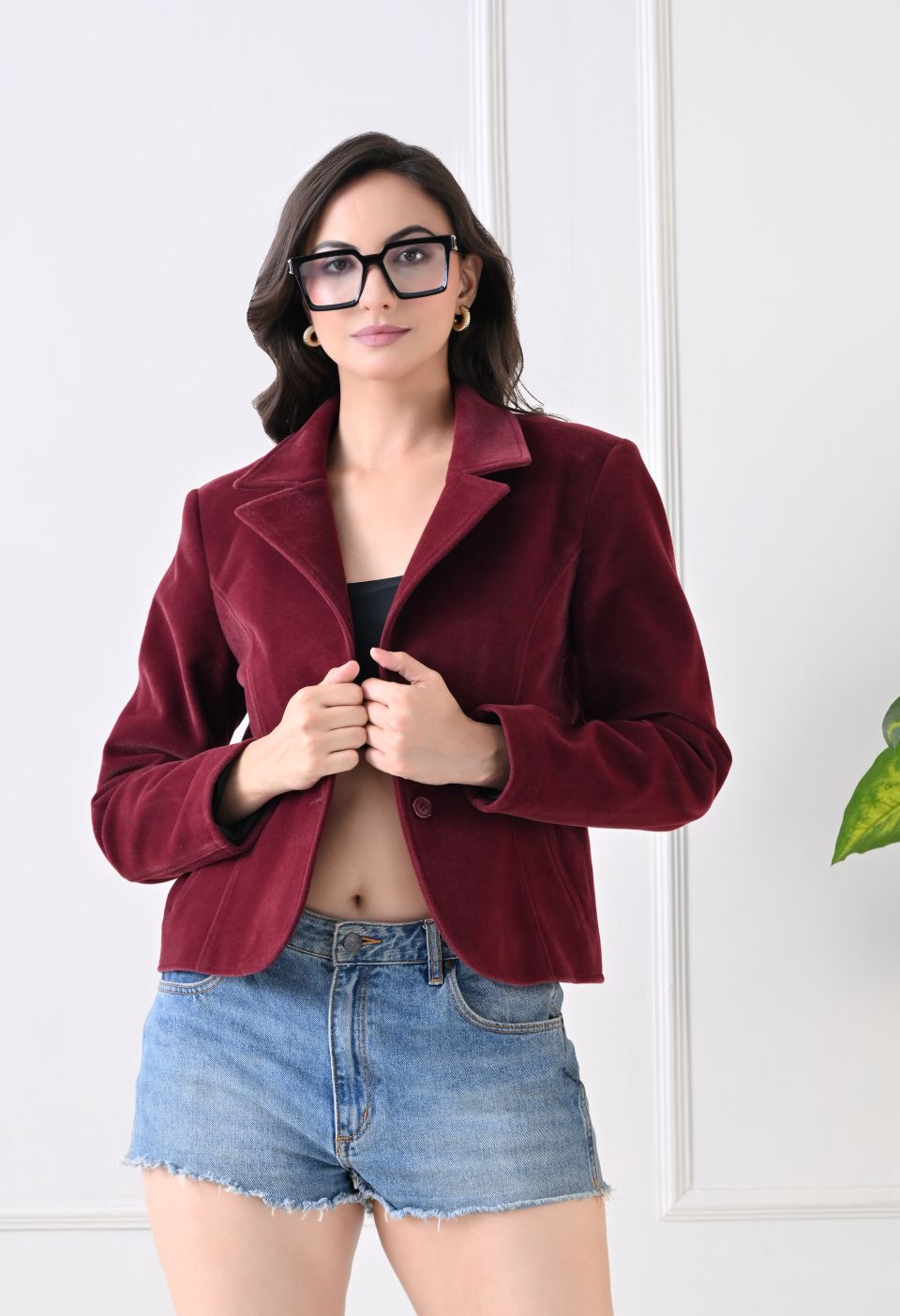 Washed Suede Crop Oversized Bomber Maroon Tailored Jacket