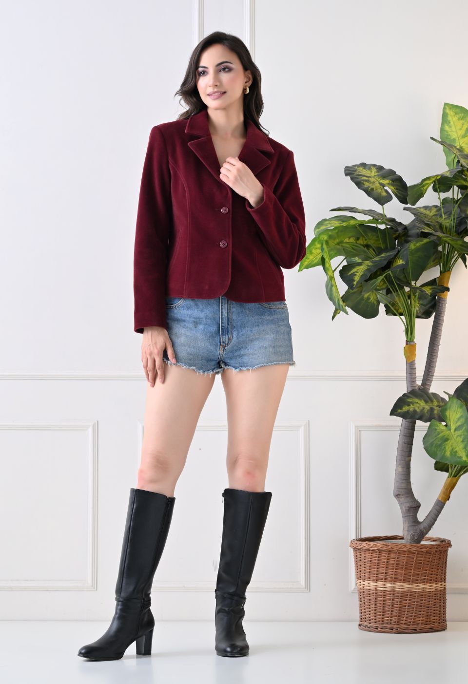 Washed Suede Crop Oversized Bomber Maroon Tailored Jacket