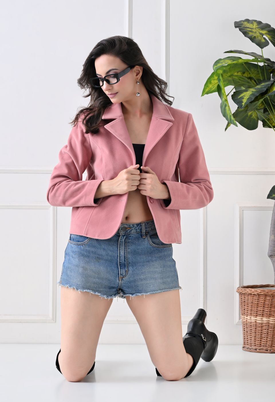 Washed Suede Crop Oversized Bomber Pink Tailored Jacket