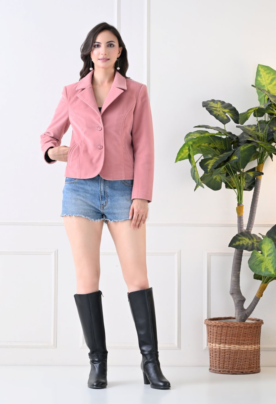 Washed Suede Crop Oversized Bomber Pink Tailored Jacket