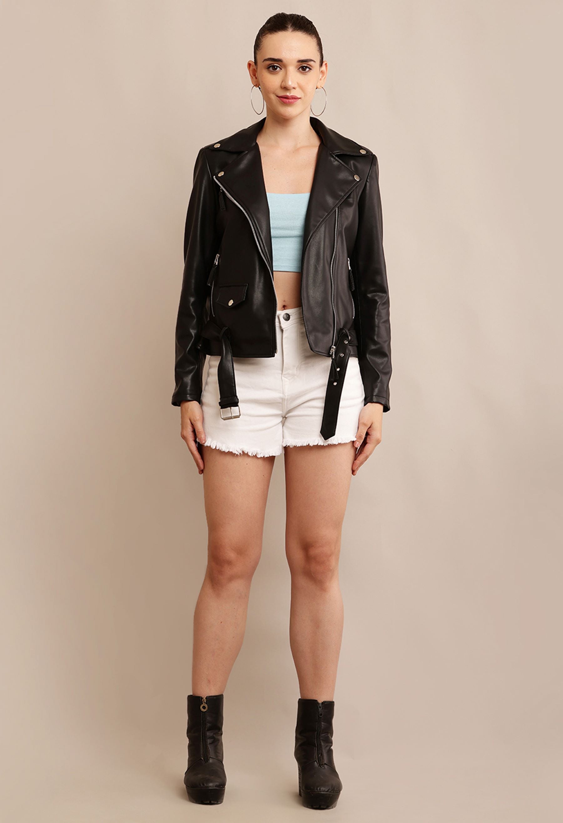 Women Leather Lightweight Crop Outdoor Leather Jacket