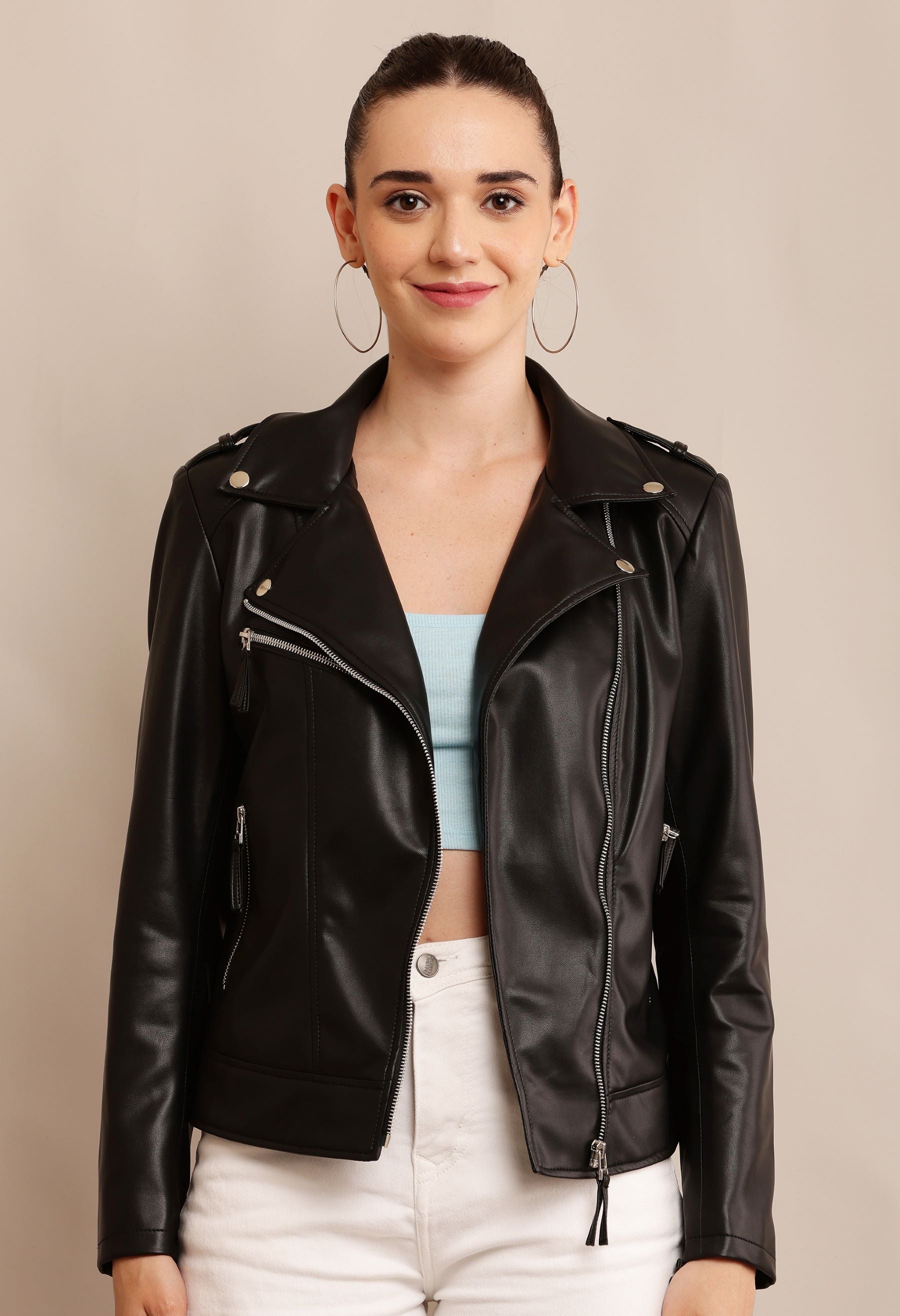 Women Leather Lightweight Crop Outdoor Leather Jacket