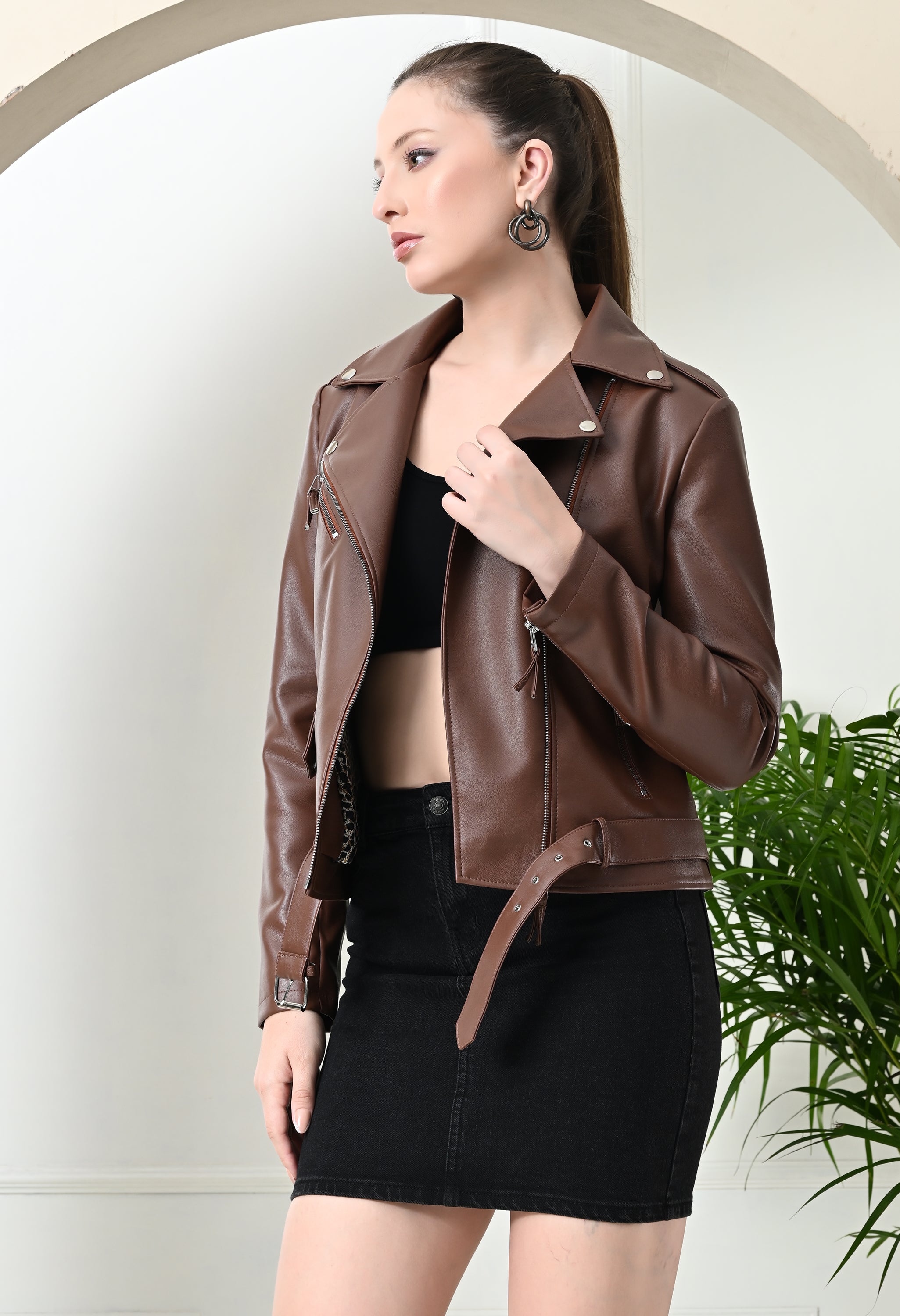 Women Lightweight Crop Leather Jacket