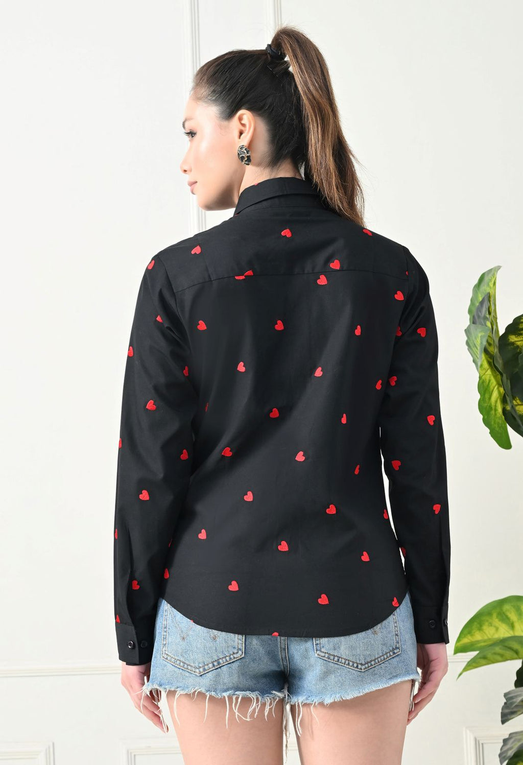 Women Black Emroidery Comfort Casual Shirts