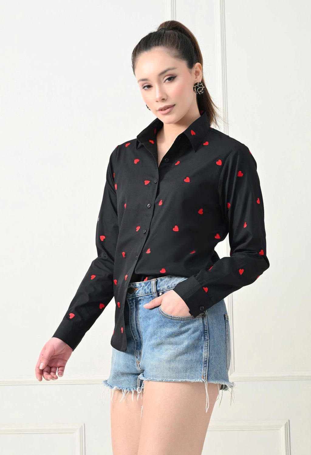Women Black Emroidery Comfort Casual Shirts