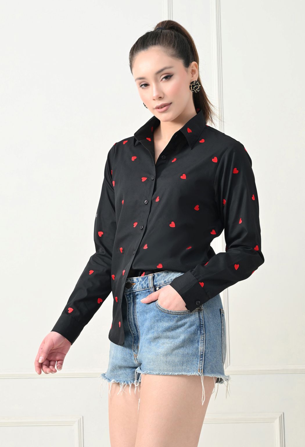 Women Black Emroidery Comfort Casual Shirts