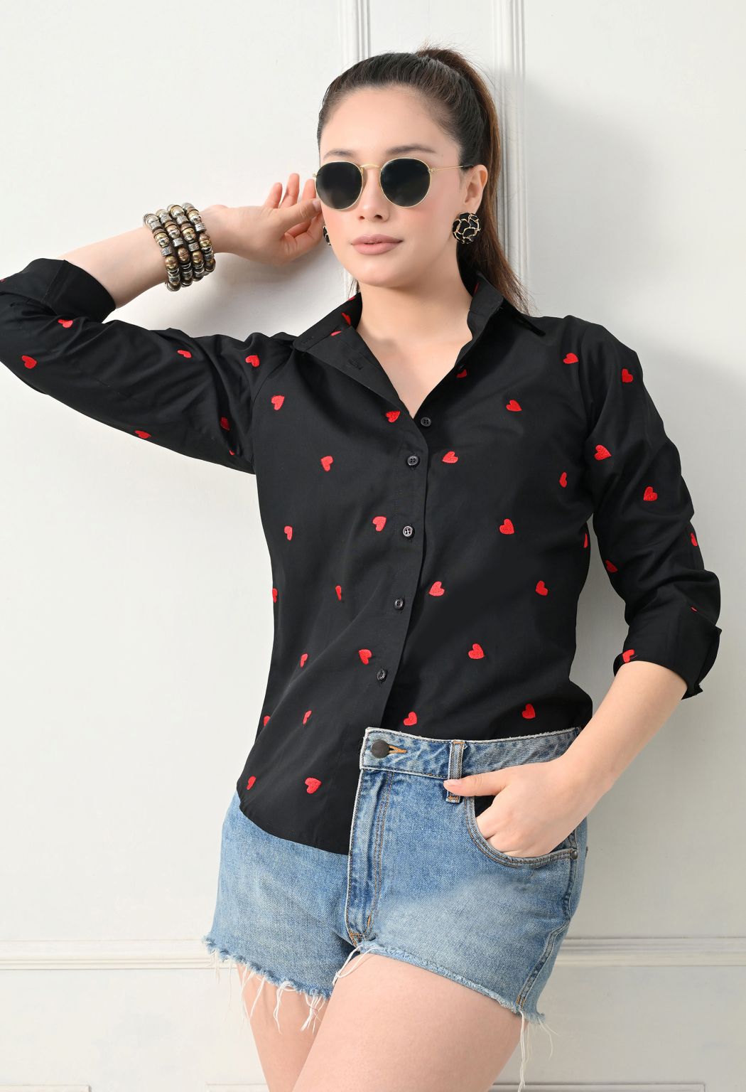 Women Black Emroidery Comfort Casual Shirts