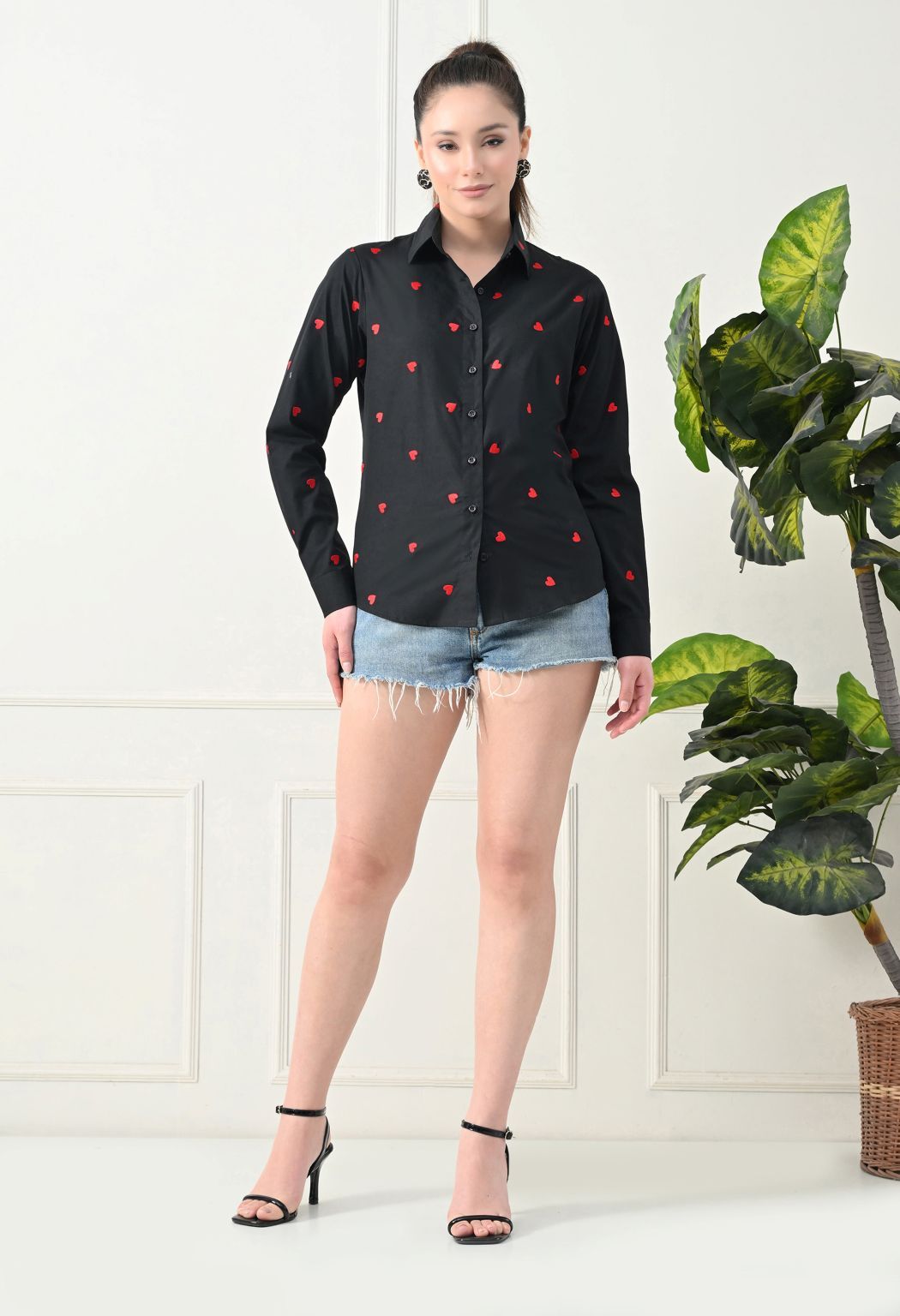 Women Black Emroidery Comfort Casual Shirts