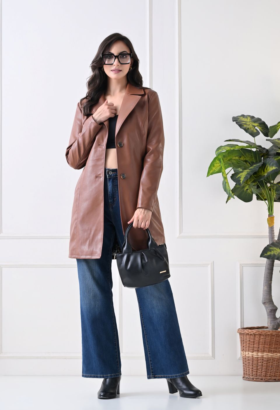Single-Breasted Tan Leather Overcoat For Women