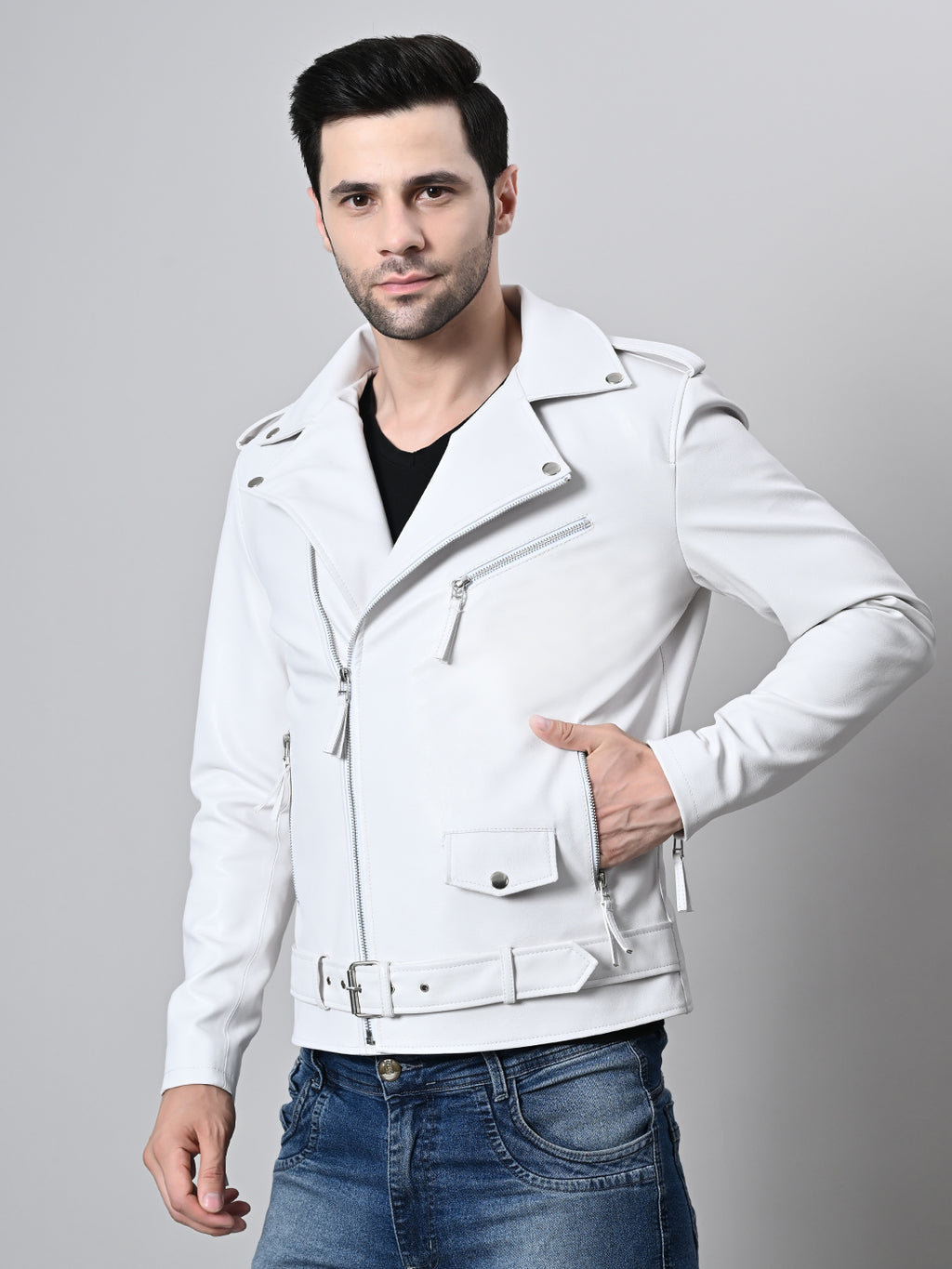 Leather Lightweight White Biker Jacket For Men