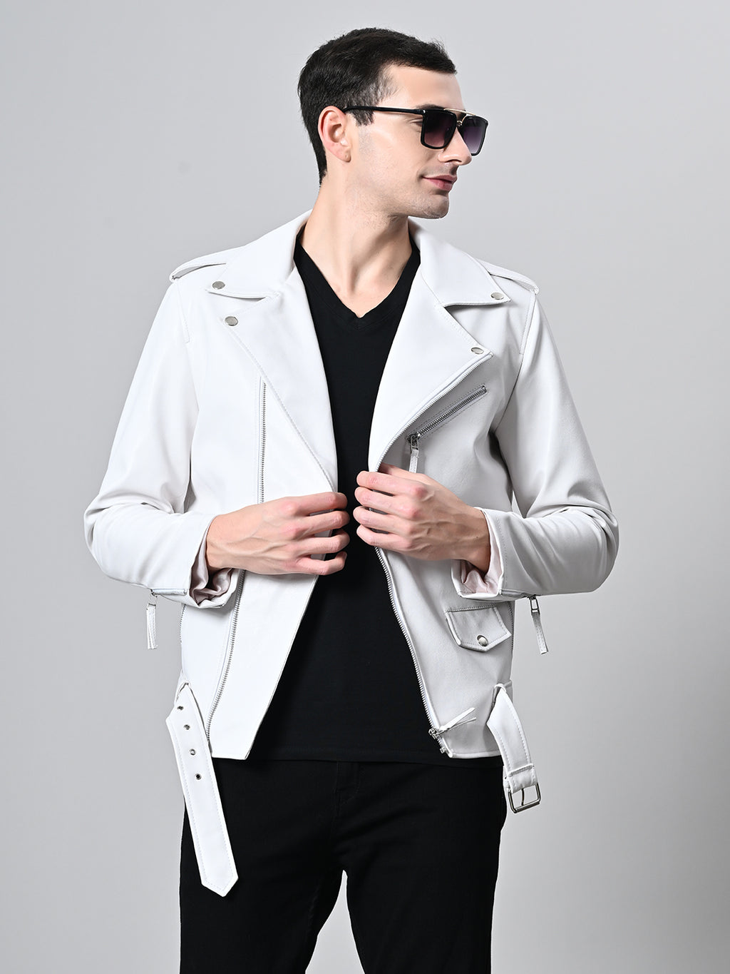 Lapel Collar Solid Casual Biker White Jacket For Men